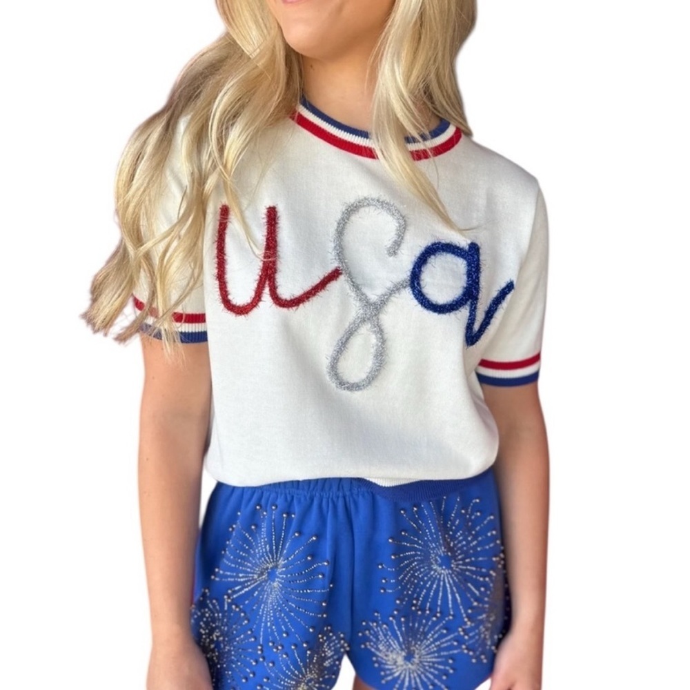 NWT Queen of Sparkles White USA sweater Tee Medium Short Sleeve 4th of July!